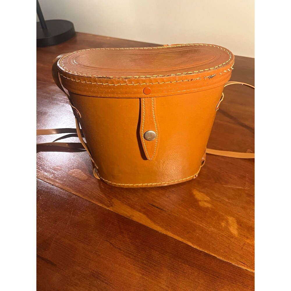 Brown Leather Binocular Case/Bag with Shoulder Strap, Red Felt Lining, Repaired